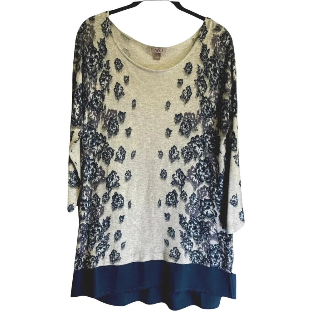 Roz & Ali Floral Mixed Media Sweater Womens Size M Gray Navy